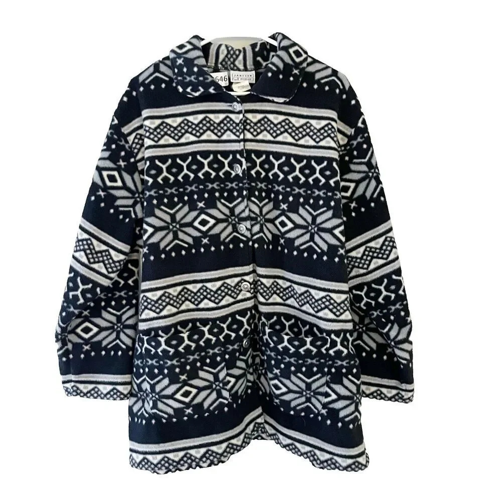 Vtg Jantzen Womens Black White Fleece Cardigan 1X Plus Fair Isle Long Sleeve